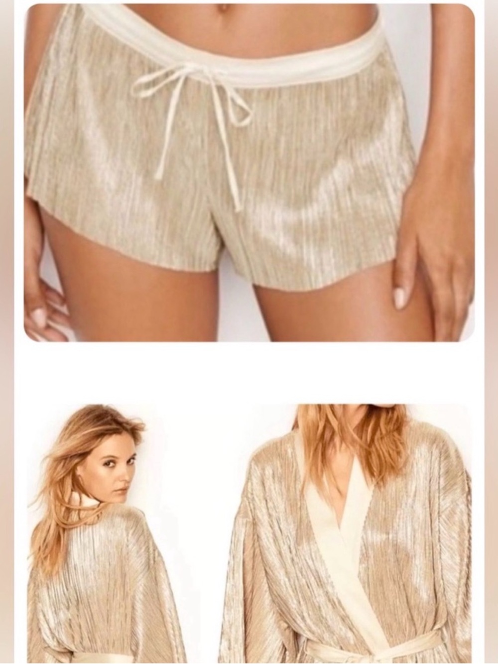 Victoria's Secret Metallic Pleated Loungewear Set in Champagne robe & shorts